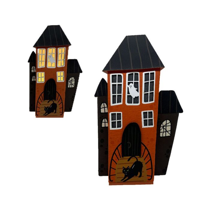 Decoração LED de Halloween Casa gato preto assustador e fantasma 