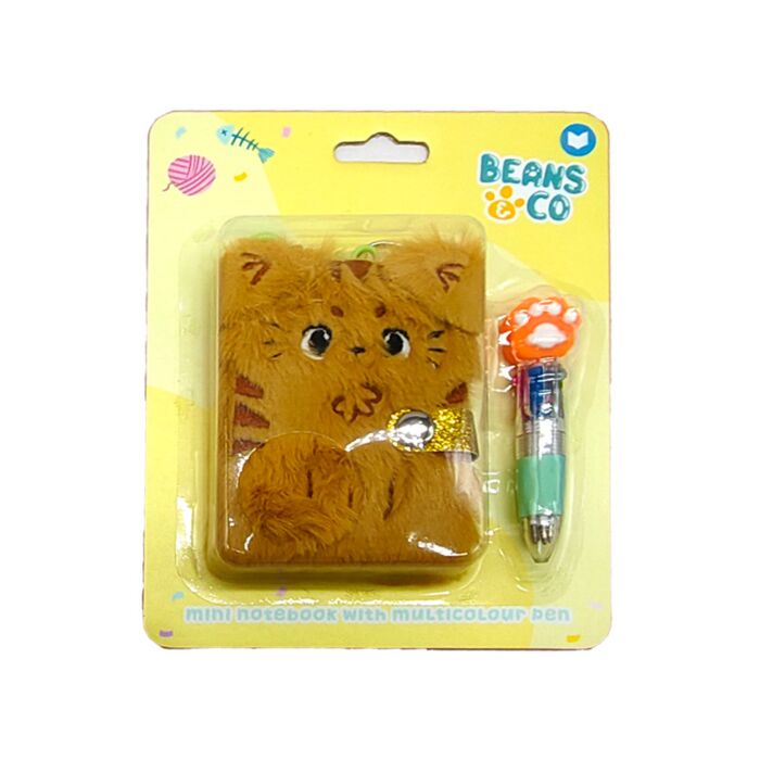 Mini Bloco de Notas em Pelúcia Beans & Co Gatos A7 e Caneta multi-cor