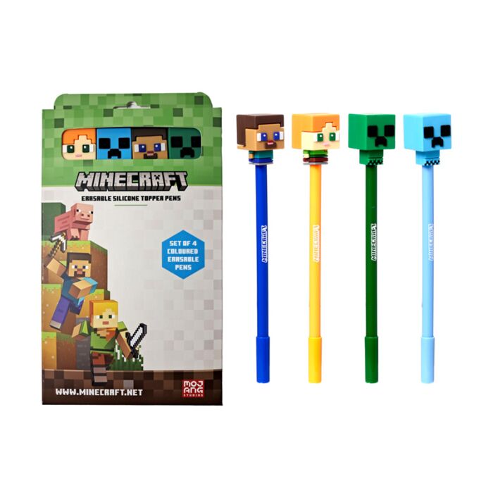 Conjunto de 4 canetas apagáveis com topo de silicone Minecraft Chibi