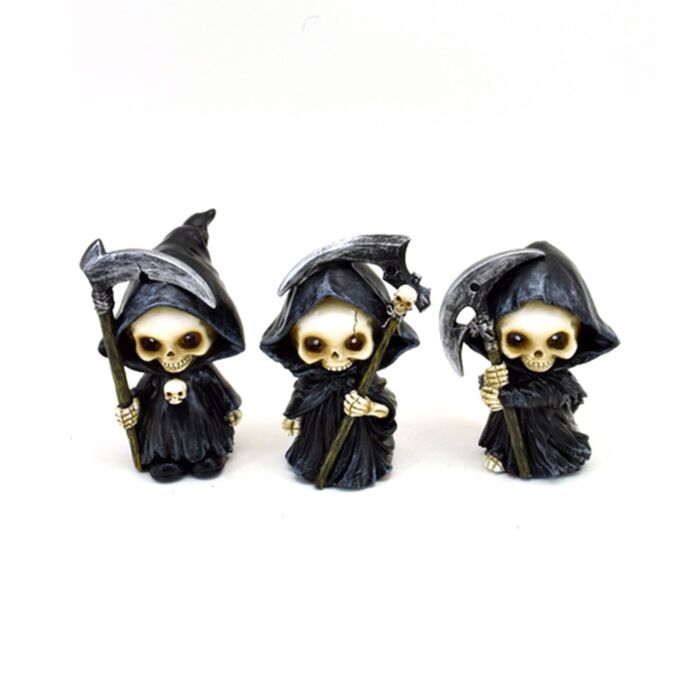 Conjunto de 3 mini ceifeiros-crânios com foices