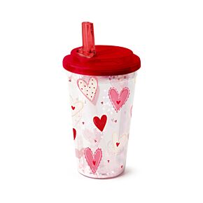 Copo em Plástico com parede Dupla com Tampa e Palhinha - Amore Hearts Coração