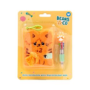 Mini Bloco de Notas em Pelúcia Beans & Co Gatos A7 e Caneta multi-cor