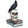 Corvo em pé sobre o crânio e ornamento de livros