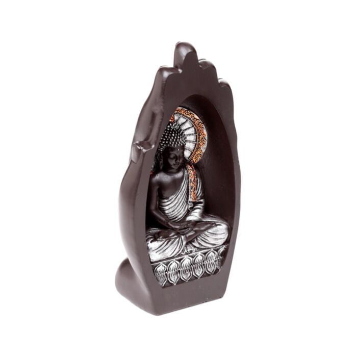 Buda em prata e preto esculpido numa mão 