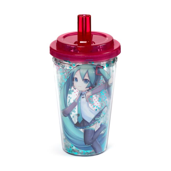 Copo em Plástico com parede Dupla com Tampa e Palhinha - Hatsune Miku