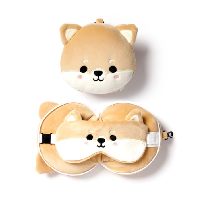 Almofada de Viagem & Máscara de Dormir em Pelúcia Relaxeazzz Cão Shiba Inu