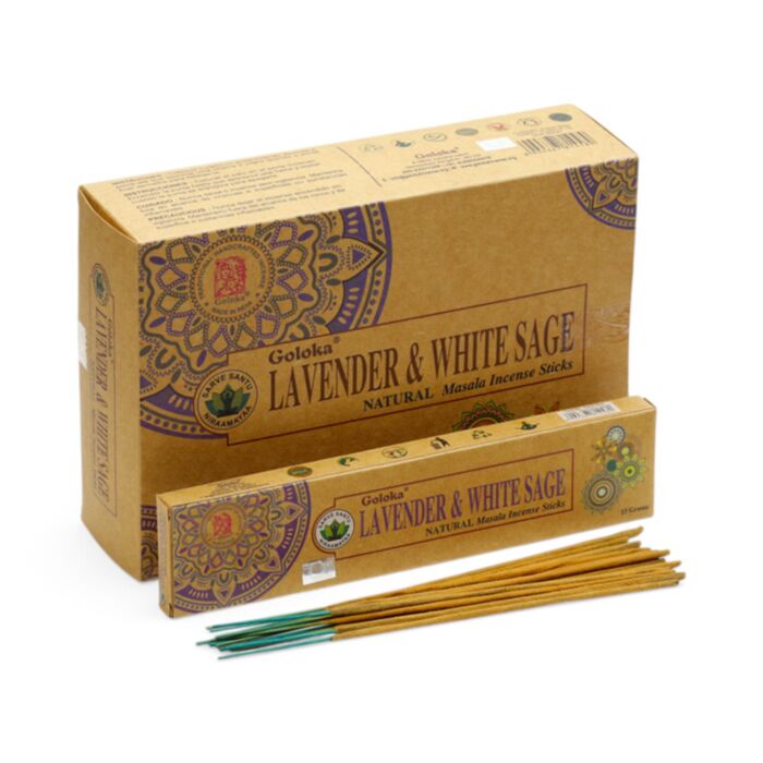 Incensos em bastão de lavanda e salva branca da Goloka Organika