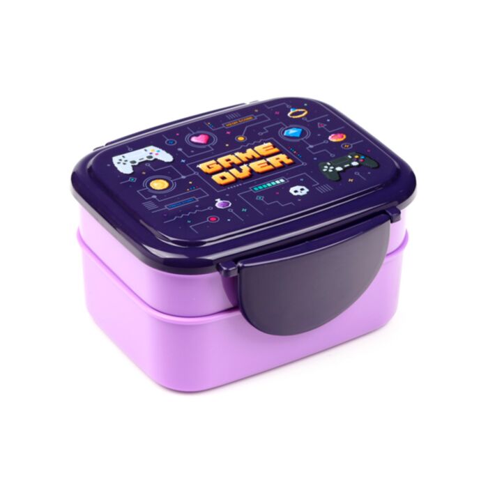 Lancheira Bento com fecho clip e talheres Game Over
