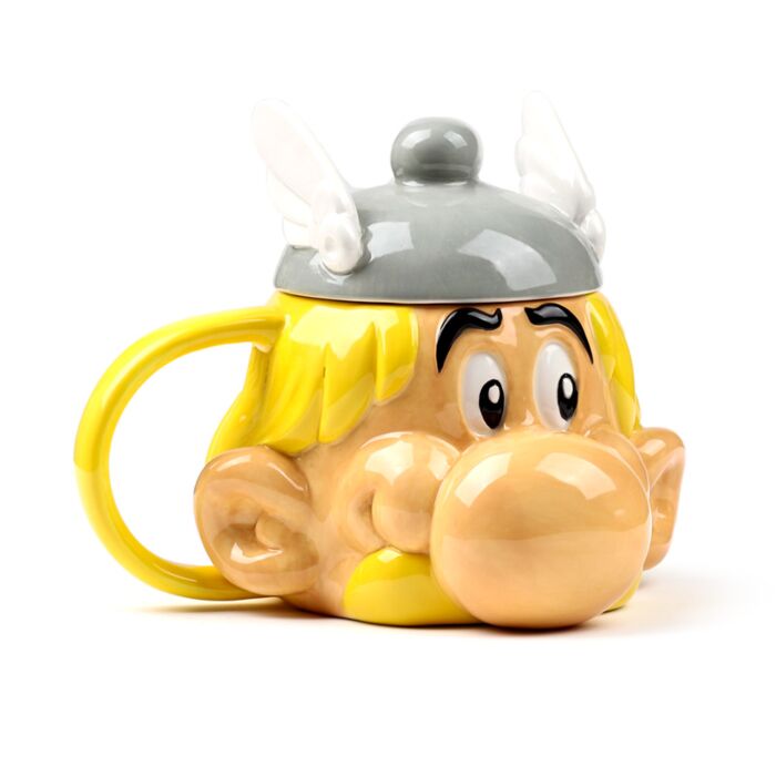 Caneca de cerâmica em forma de cabeça Asterix com tampa de chapéu