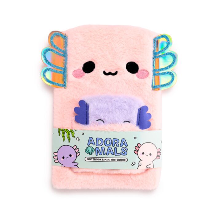 Bloco de notas A5 em pelúcia com bolsa e mini bloco de notas Adoramals Maddie o Axolote