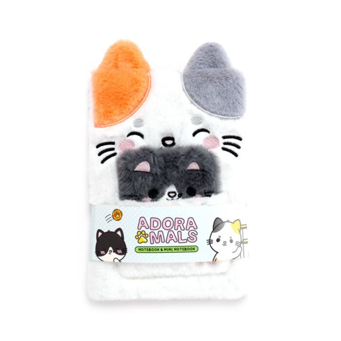 Bloco de notas A5 em pelúcia com bolsa e mini bloco de notas Adoramals Lola a gata