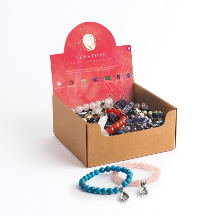 Pulseira de contas redondas de pedras preciosas com amuleto da sorte