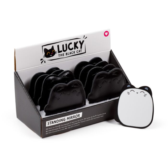 Espelho compacto pequeno com suporte Lucky o Gato preto da sorte