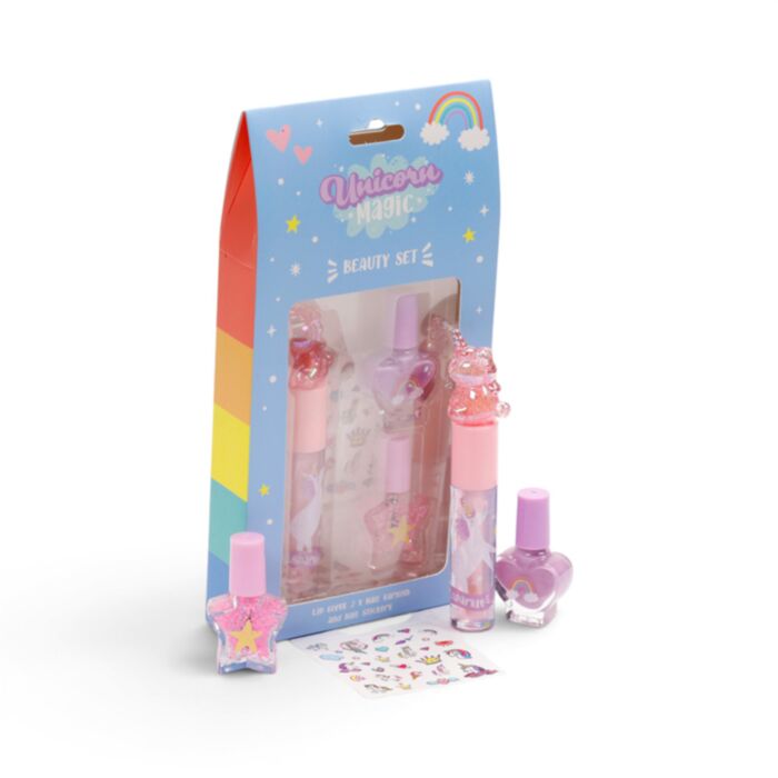Set Maquilhagem para crianças com brilho labial, verniz e autocolantes para unhas Unicórnio Mágico 