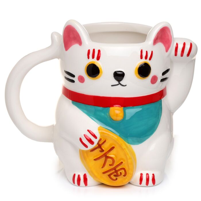 Caneca Gato Chinês da Sorte Maneki Neko Branco