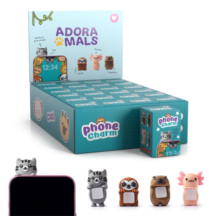 Acessórios Adoramals (figuras 3D) para telemóvel: Axolote, Preguiça, Capivara e Gato