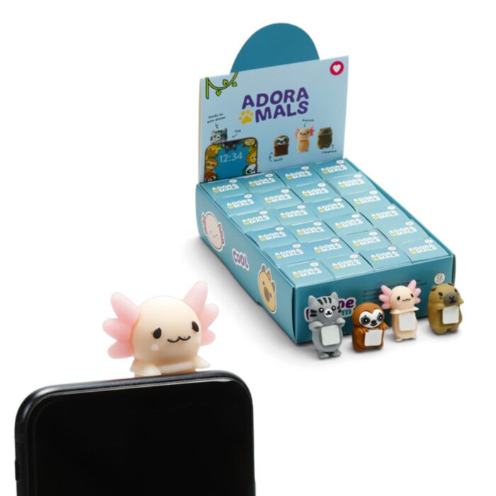 Acessórios Adoramals (figuras 3D) para telemóvel: Axolote, Preguiça, Capivara e Gato