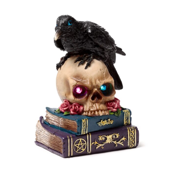 Corvo empoleirado numa caveira LED e livros