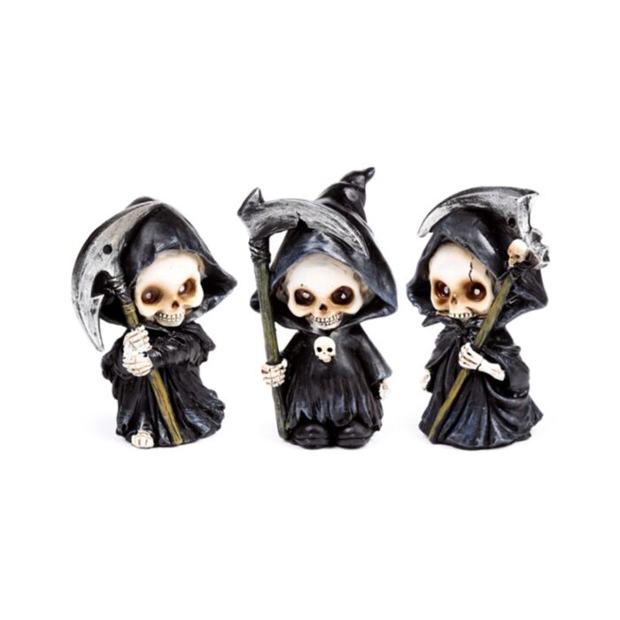 Conjunto de 3 mini ceifeiros-crânios com foices