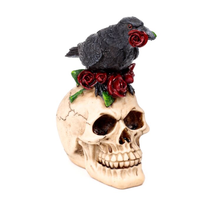 Caveira com corvo e rosas vermelhas