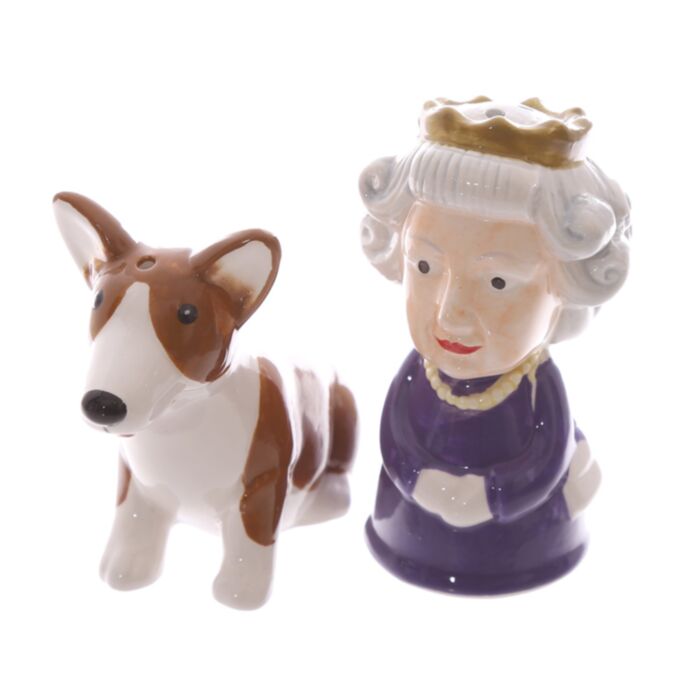 Set de Sal e Pimenta Rainha e cão Corgi