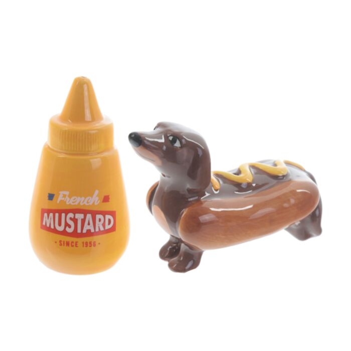 Conjunto sal e pimenta cão - salsisha e cachorro com mostarda