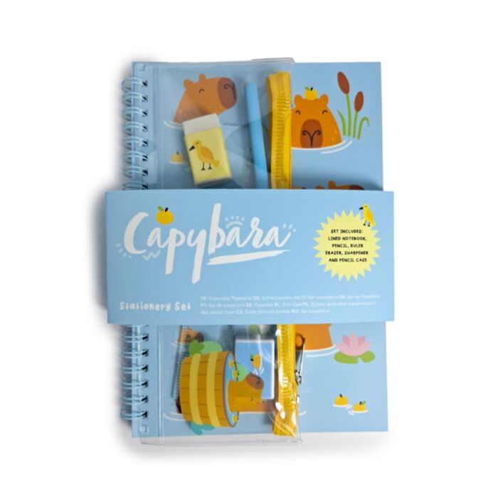 Conjunto de 6 peças de papelaria com bloco de notas com espiral e estojo para lápis com motivo de capivara