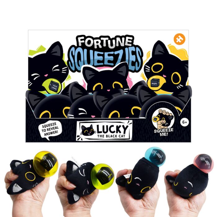 Brinquedo de pelúcia espremível Queasy Squeezies Lucky o Gato Preto da Sorte