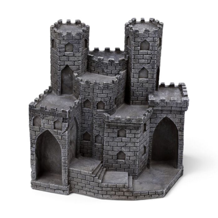 Expositor com figuras medievais de cavaleiros e castelos