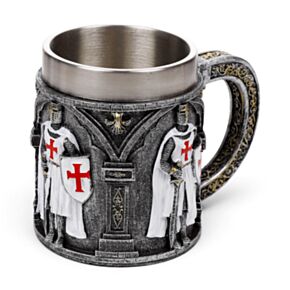 Caneca decorativa medieval com cavaleiro com espada e escudo