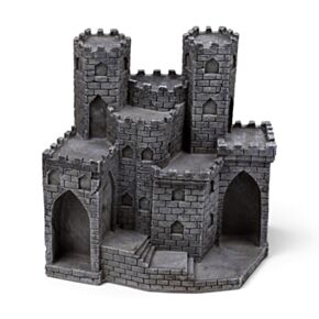 Expositor com figuras medievais de cavaleiros e castelos